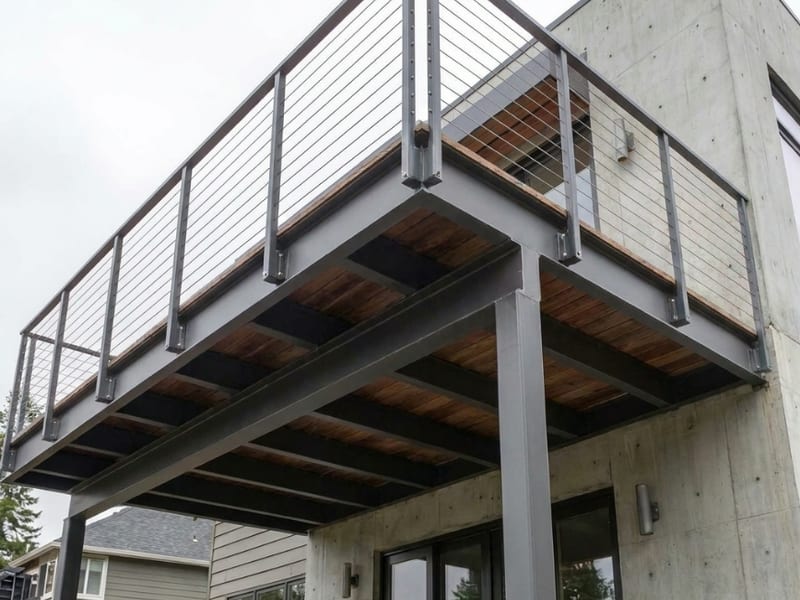 Vorstellbalkon aus Stahl mit Holzbelag und Seilgeländer an einer Betonfassade