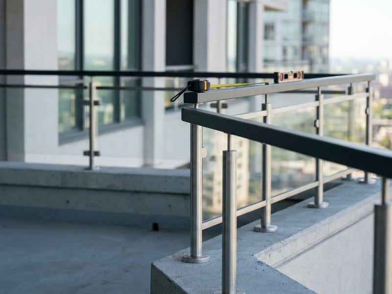 Edelstahlgeländer mit Glasfüllung auf einem Balkon, daneben Wasserwaage und Bandmaß beim Aufmaß